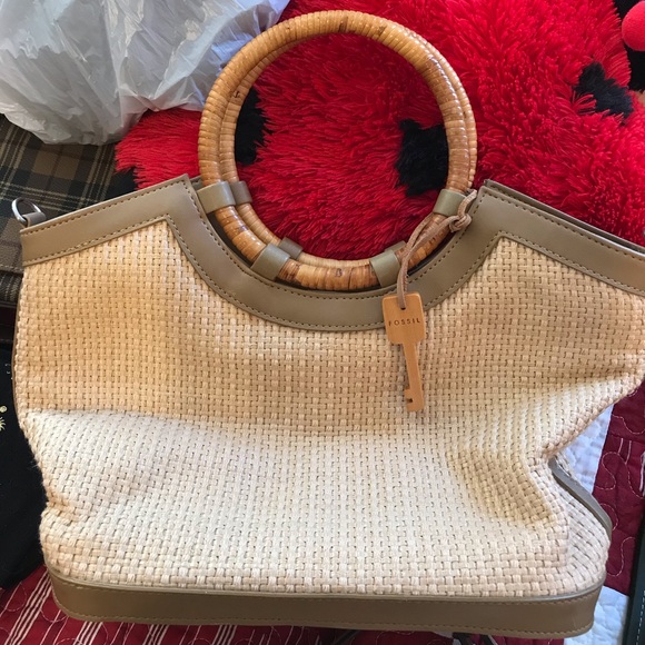 Fossil Handbags - Fossil Woven Straw Tote Bag w Bamboo Ring Handles